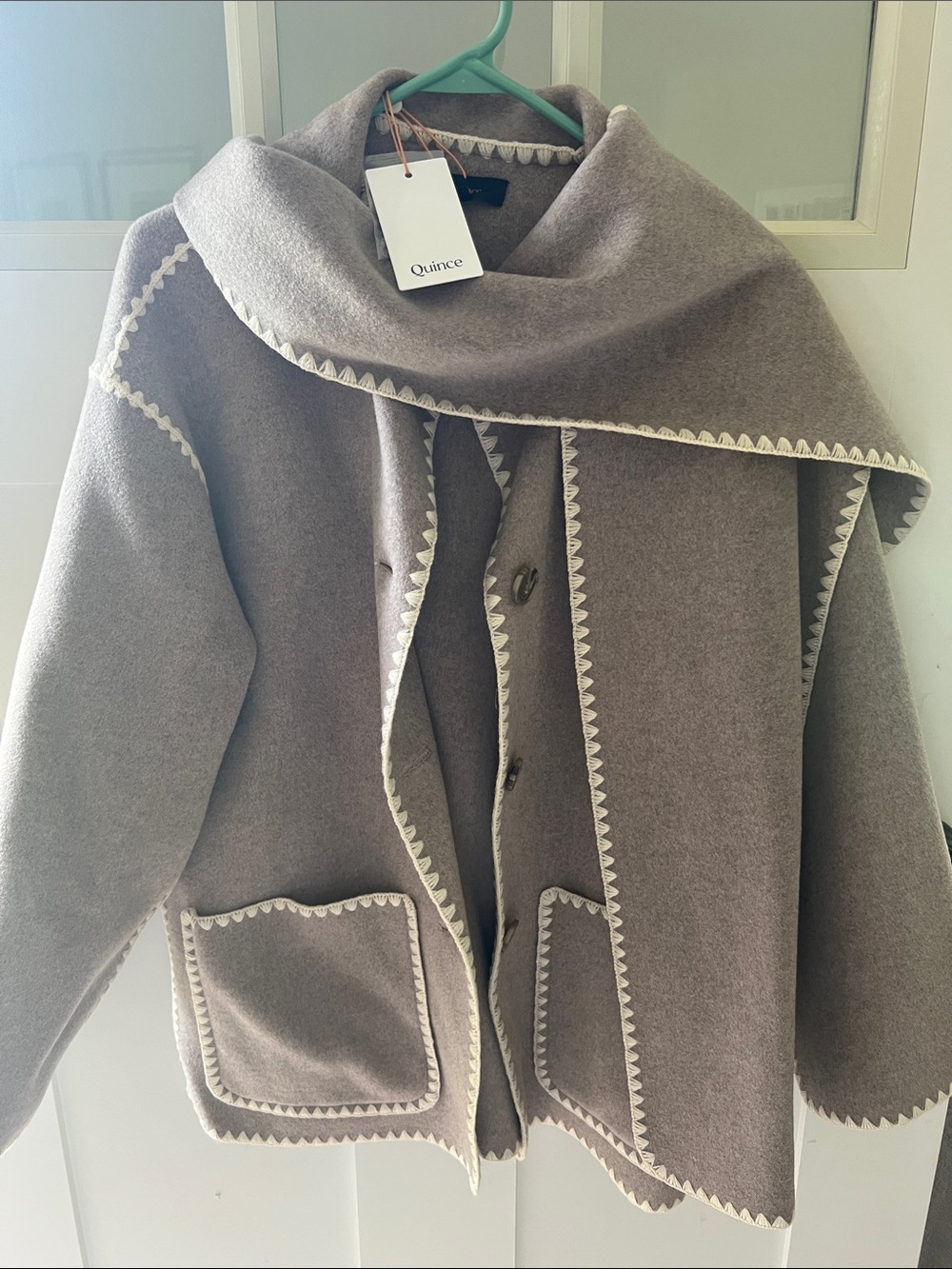 Quince Taupe Coat with Cream Scalloped Trim